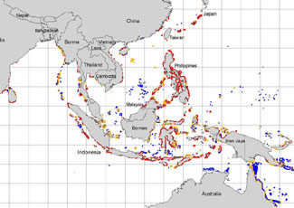 Threatened coral reefs in East Asia
