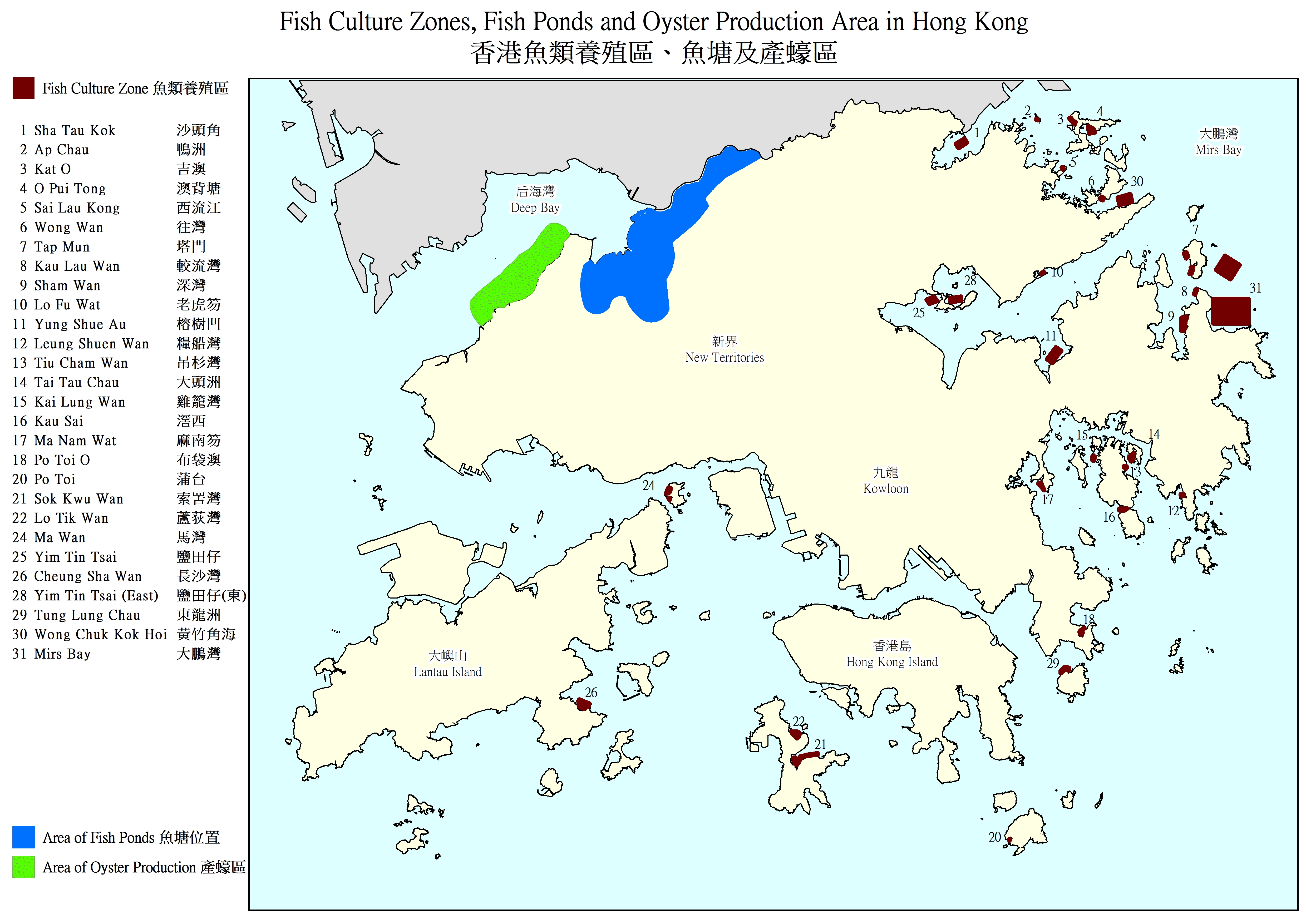 Fish culture Zones, Fish Ponds and Oyster Production area in Hong Kong